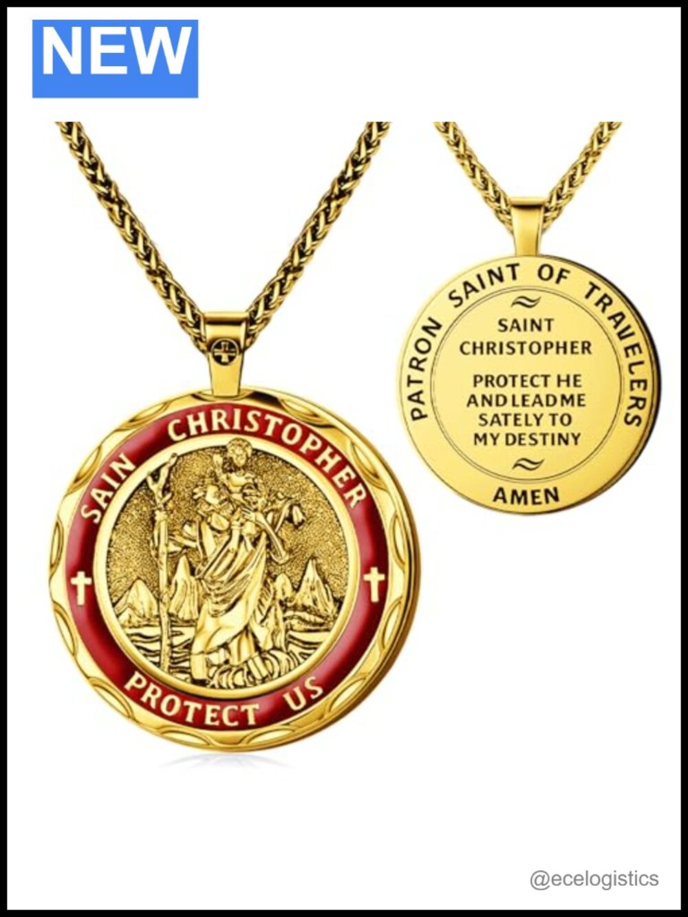 Saint Christopher Religious Pendant Necklace Gold Plated